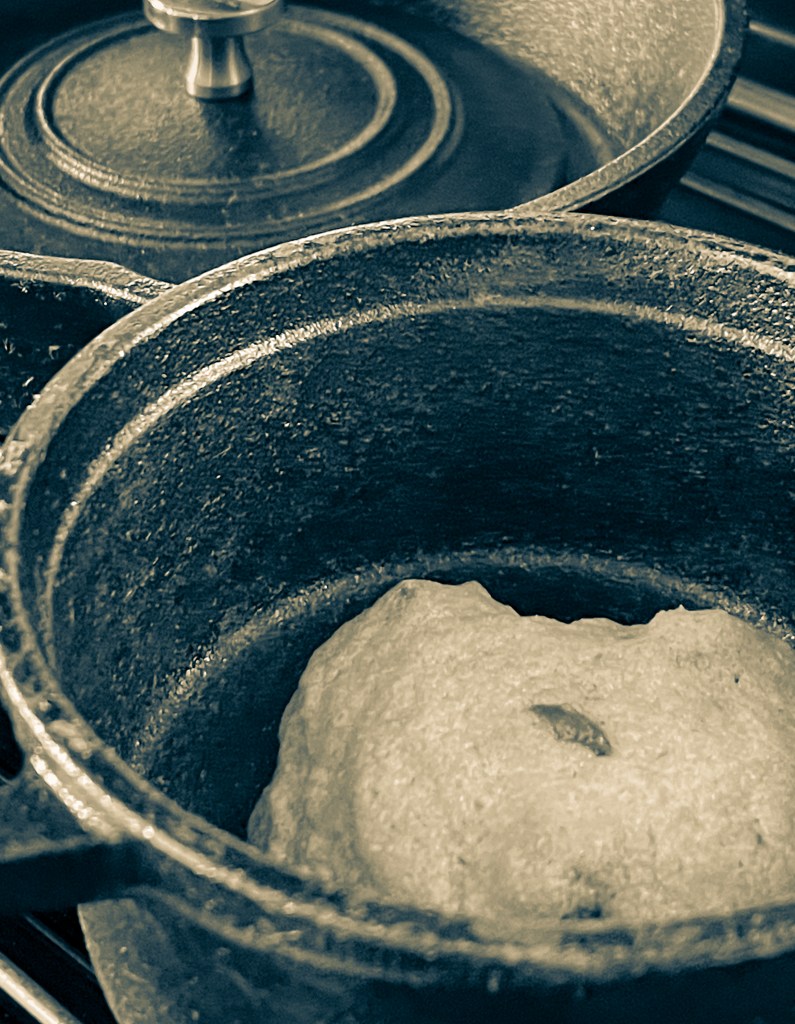 A chocolate chip cookie in a tiny cast iron pot.