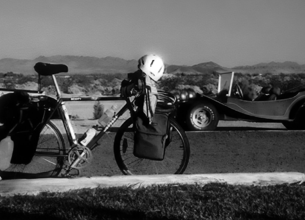 A picture from my bike trip across the US in 1991, here shown on a private lake in the Mojave Desert in California. 