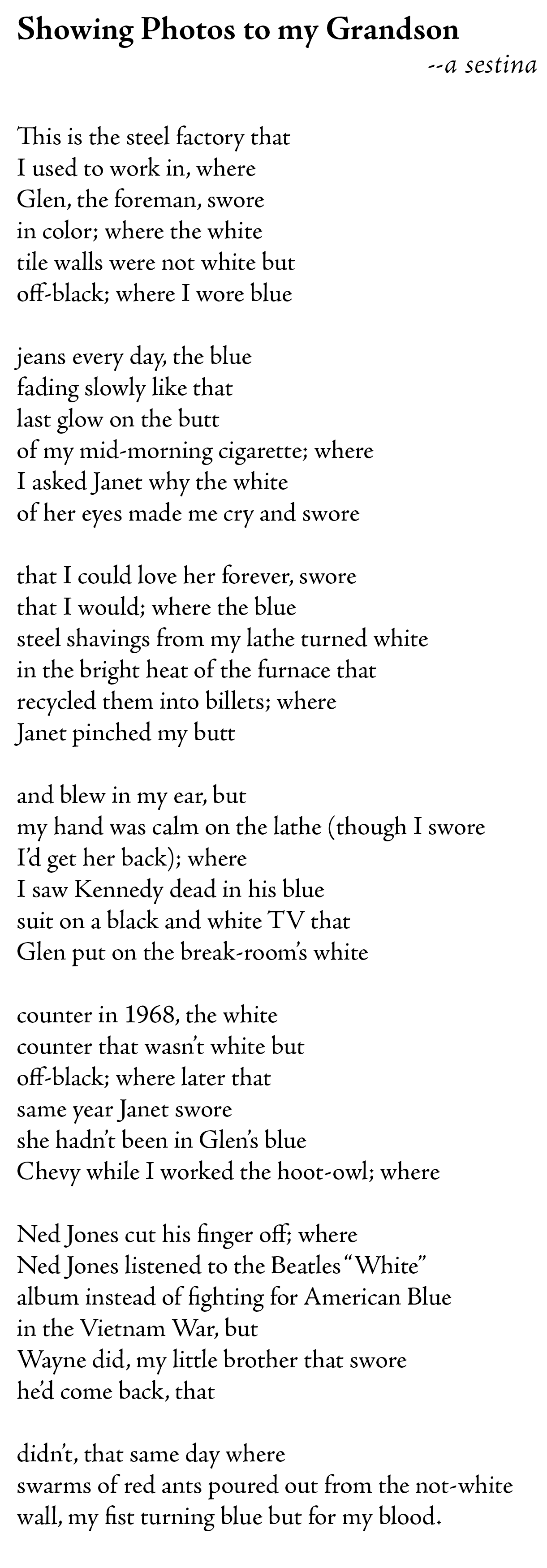 the poem "showing photos to my grandson" -- a sestina