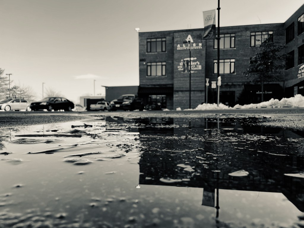 reflection of building in puddle